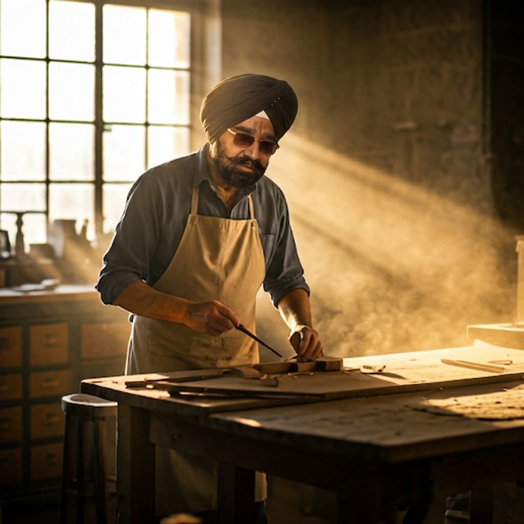 Master craftsman working in a warm, dust-filled artisan workshop with sun filtering through the windows